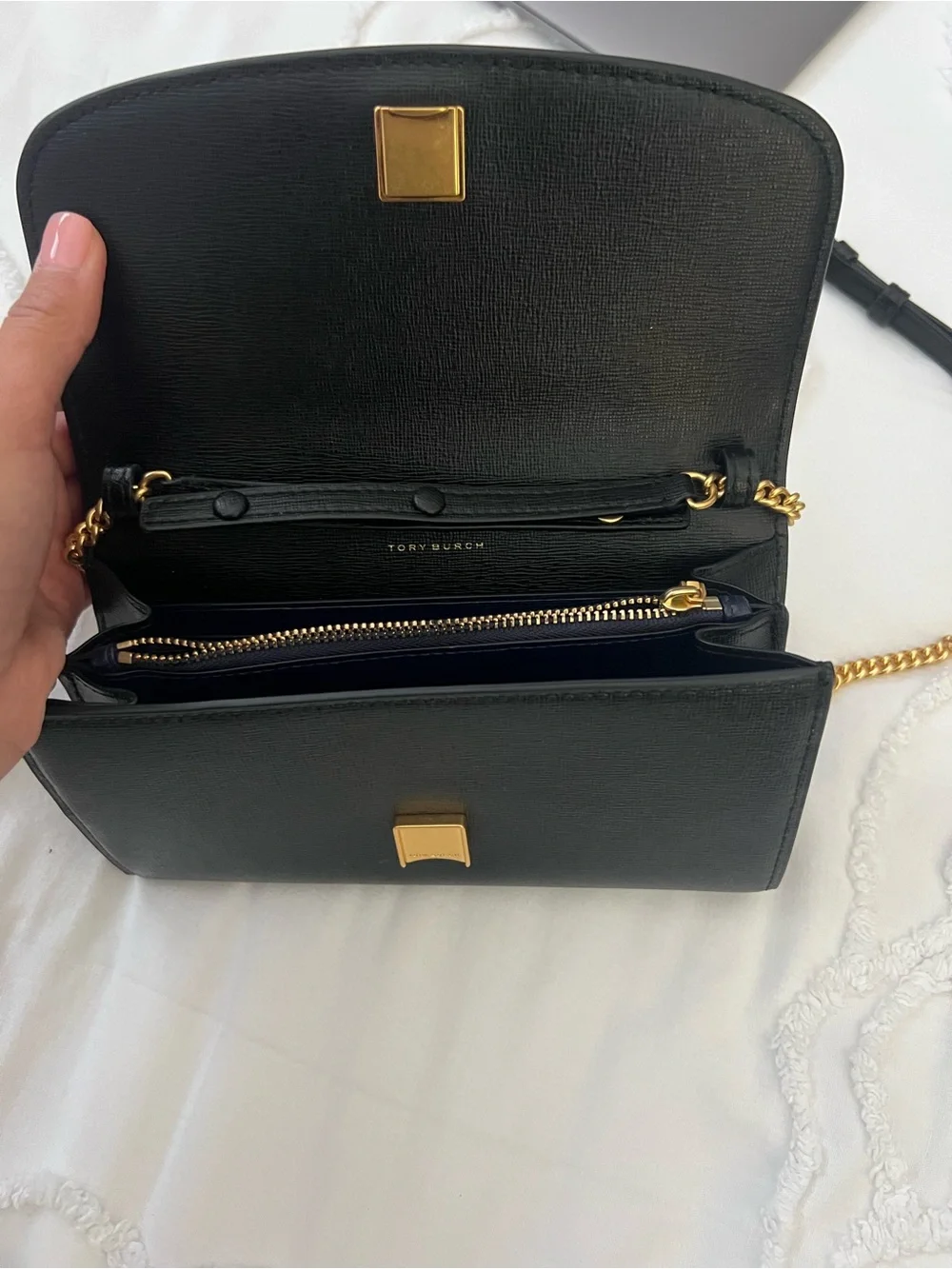 Tory Burch Black Leather Crossbody Wallet with Gold Hardware